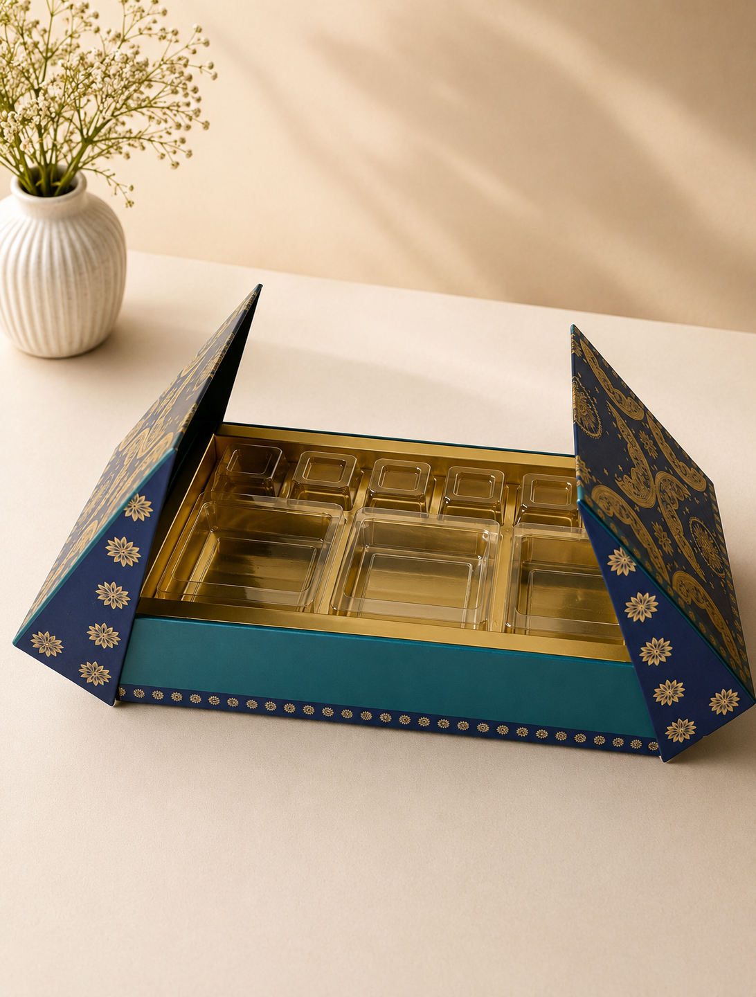 A blue and green middle-open cavity gift box with decorative side panels and multiple golden compartments, suitable for chocolates, sweets, dry fruits, and festive gifting.