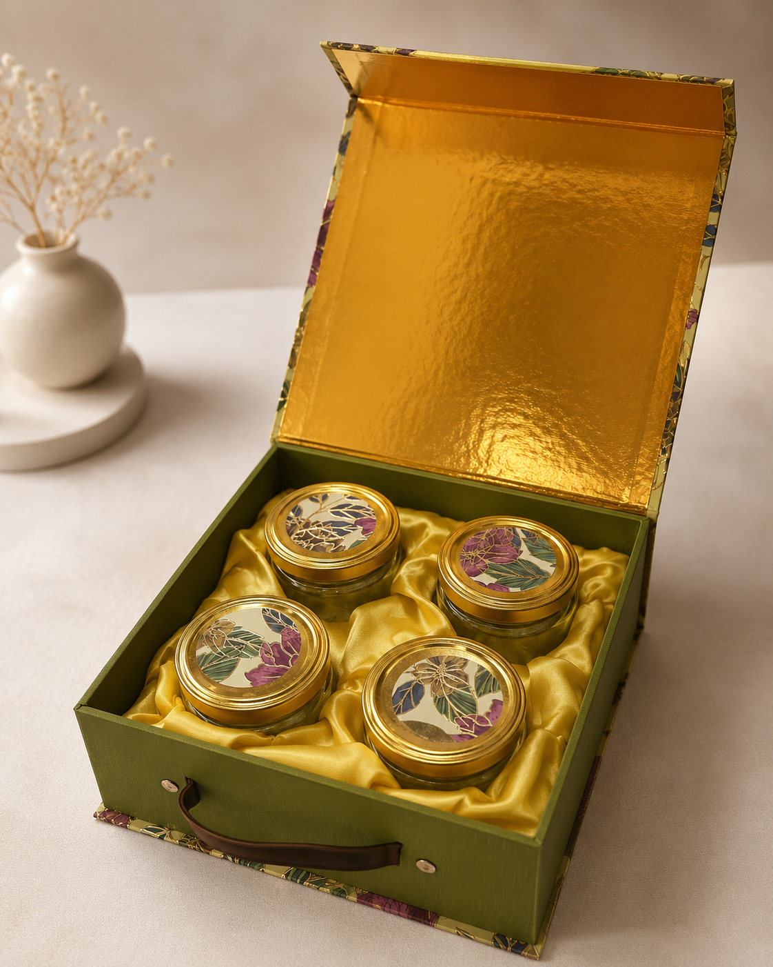 A decorative four-jar gift box with a printed exterior, golden interior, and four round jar compartments, suitable for dry fruits, sweets, chocolates, nuts, and festive gifting.