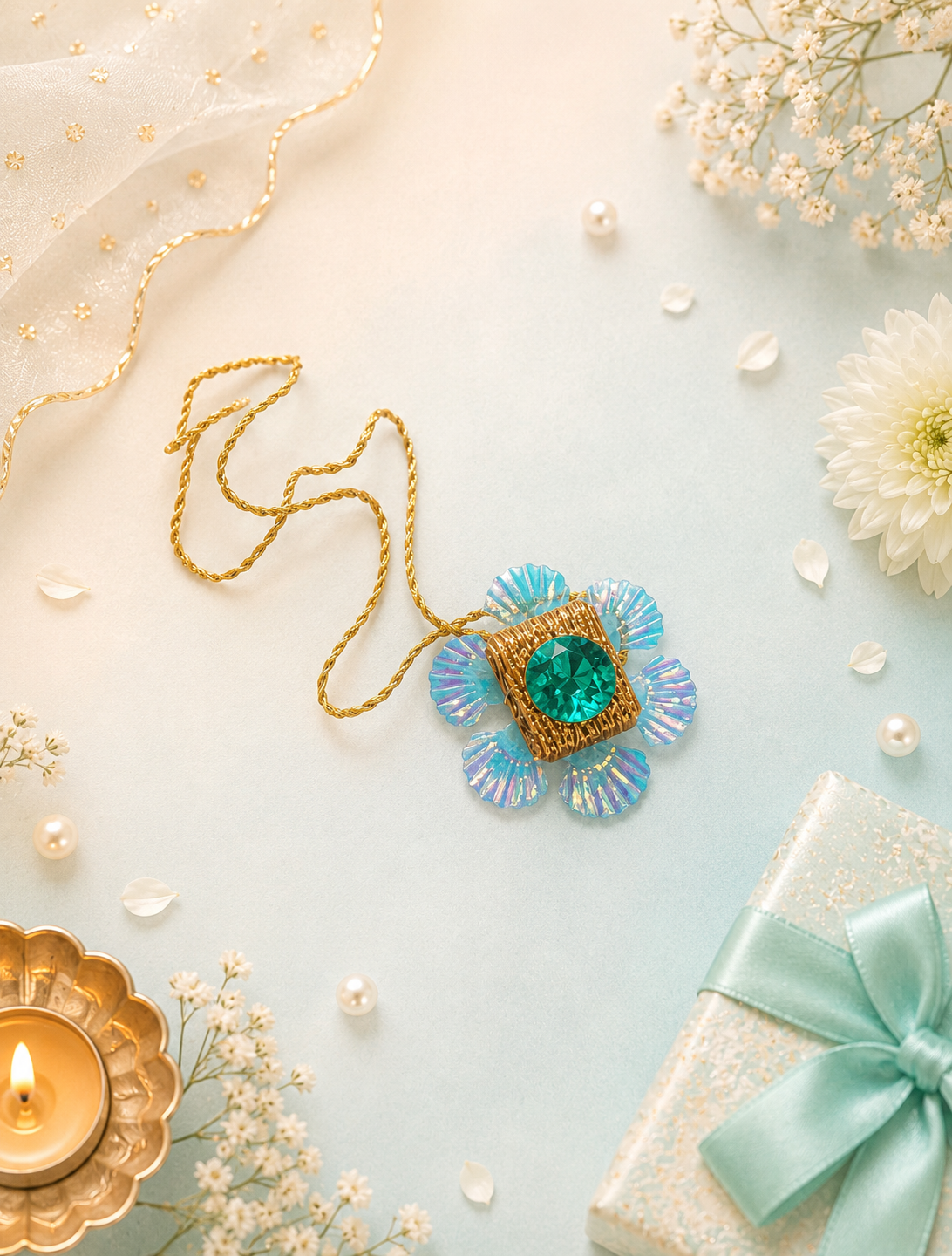 Shiny Designer Teal Stone Flower Rakhi For Bhaiya