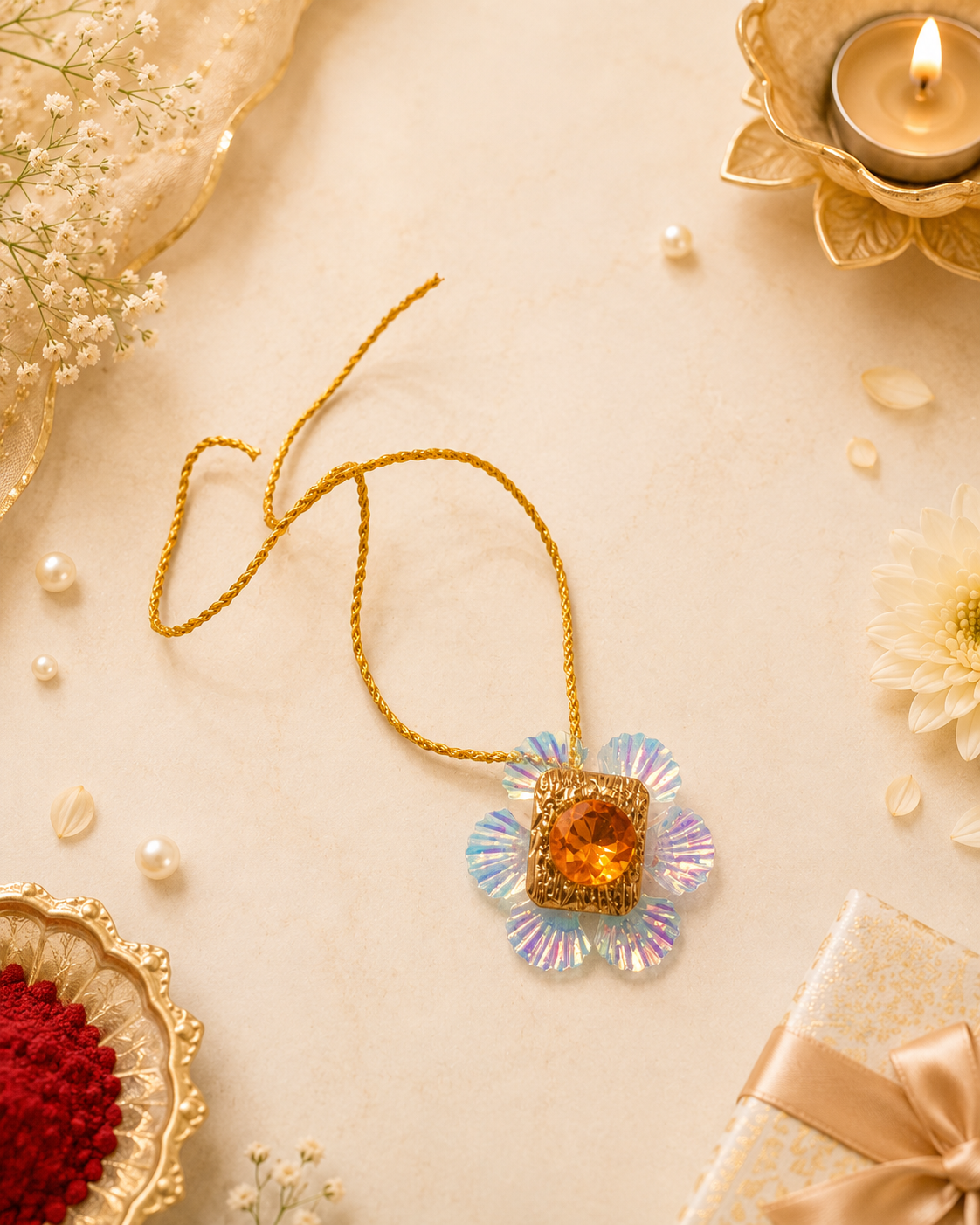 Shiny Designer Orange Stone Flower Rakhi For Bhaiya