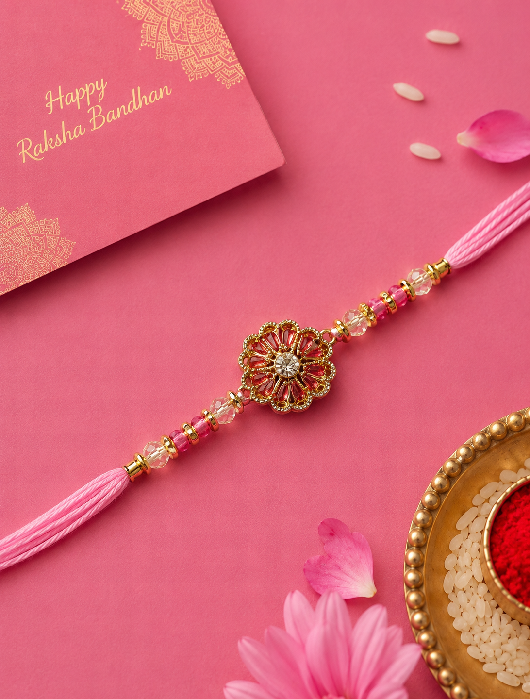 Pink Flower Designer Stone Rakhi