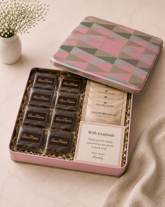 A reusable pink geometric tin gift box filled with chocolate bites, assorted tea sachets, a gratitude card, and shredded paper packaging for thoughtful gifting.