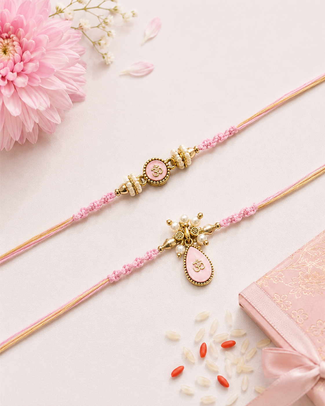 Pink Om Bhaiya Bhabhi Rakhi Set