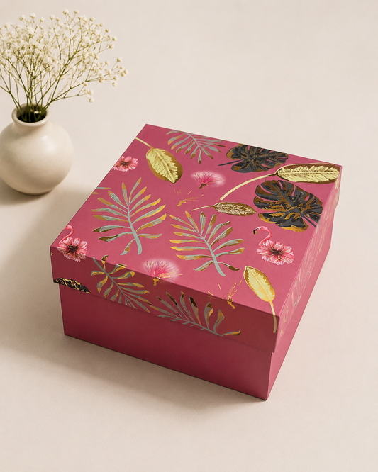 A dark pink 8x8 kappa gift box with a botanical printed lid and square shape, suitable for chocolates, dry fruits, beauty products, candles, and festive gifts.