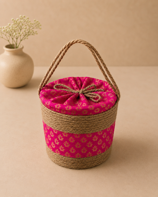 A pink sutli bucket hamper with patterned fabric, decorative gathered lid, braided handle, and cylindrical shape, suitable for sweets, dry fruits, chocolates, beauty products, and festive gifts.