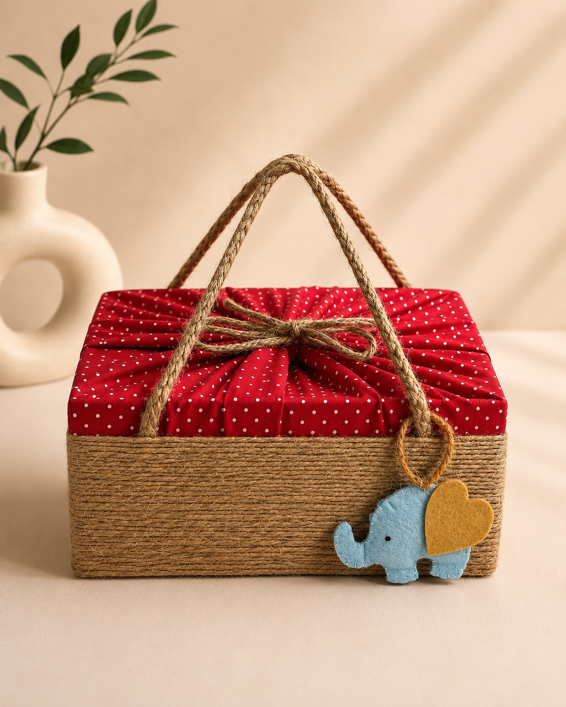 A red sutli covered hamper box with a textured fabric lid, natural woven base, braided handles, decorative bow, and playful charm, suitable for festive and personal gifting.