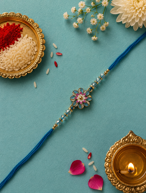 Blue Ceramic Flower Rakhi For Bhaiya