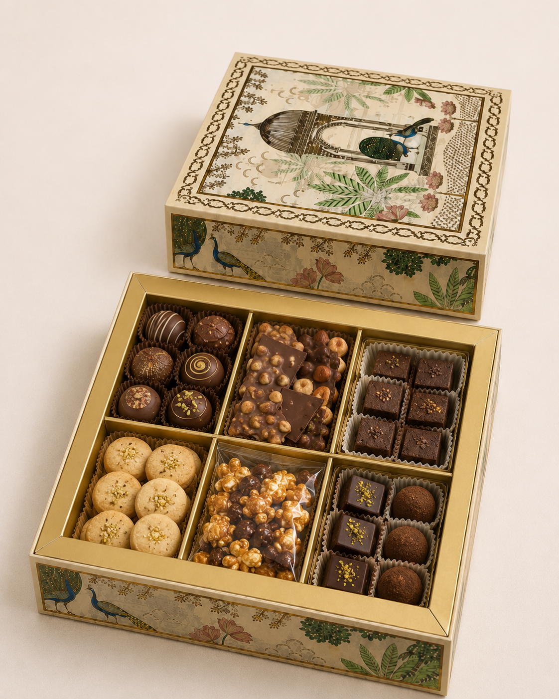 The Royal Indulgence Box featuring six compartments filled with assorted chocolate truffles, nutty chocolate clusters, brownie bites, cookies, caramel treats, popcorn, and chocolate squares in a decorative festive box.