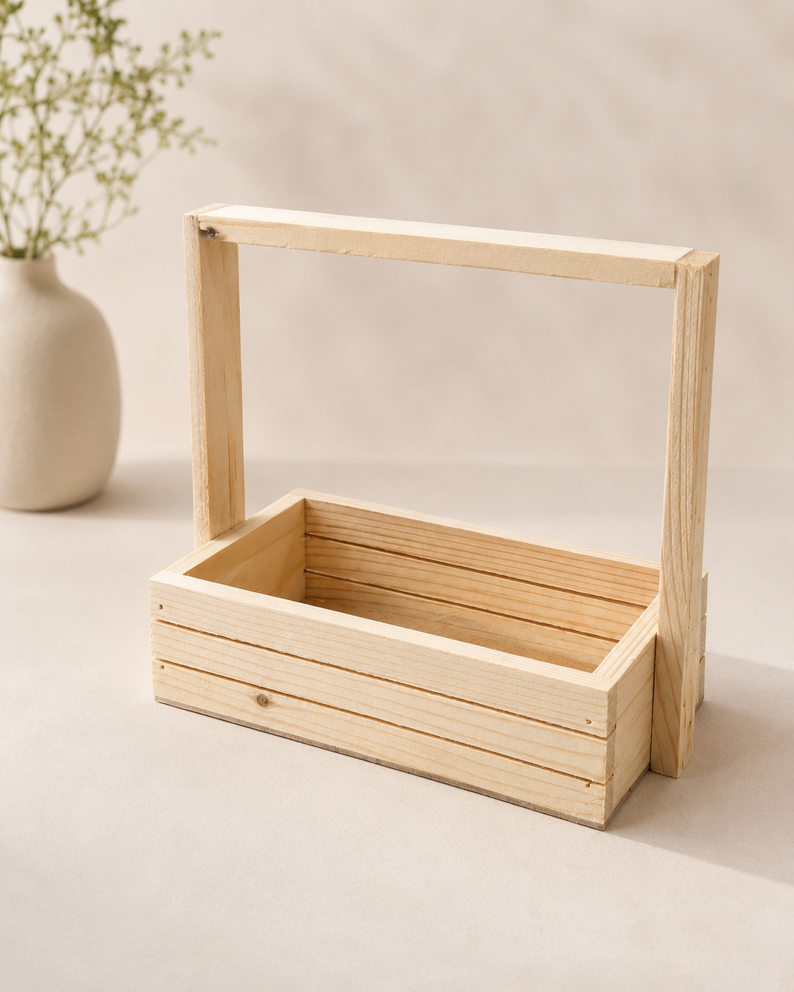 A compact pinewood tray with a sturdy wooden handle, designed for gift hampers, customised packaging, festive gifting, and elegant product presentations.