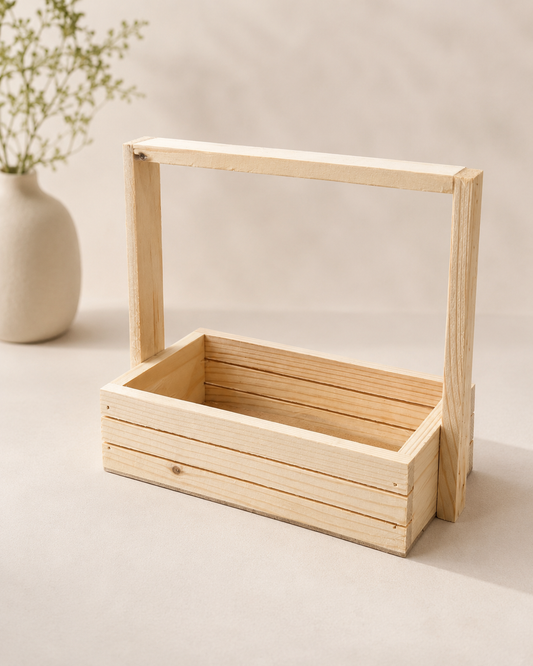 A compact pinewood tray with a sturdy wooden handle, designed for gift hampers, customised packaging, festive gifting, and elegant product presentations.