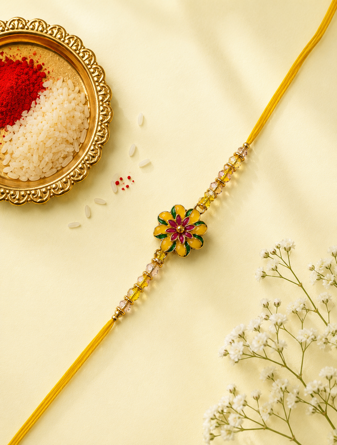 Yellow Ceramic Flower Rakhi For Bhaiya