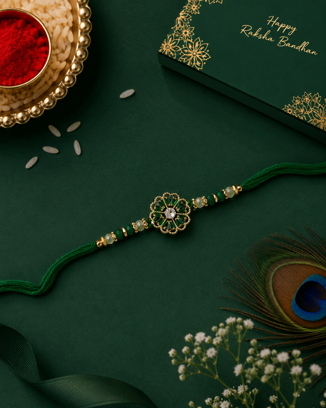Green Flower Designer Stone Rakhi