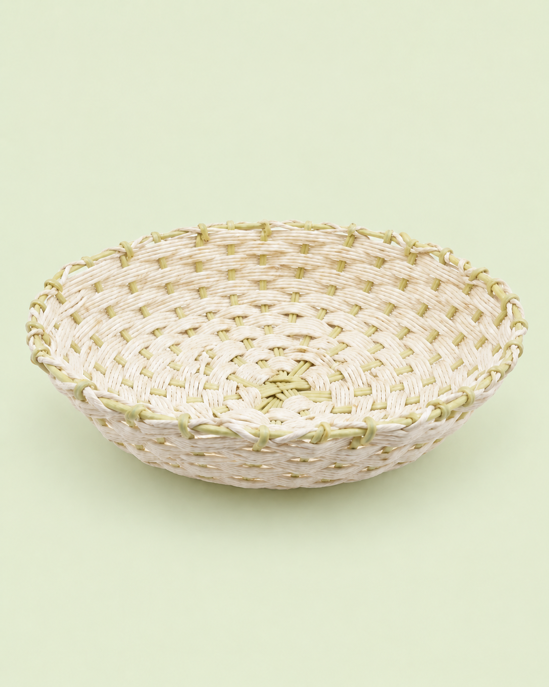 A shallow white and green woven tokra with a natural textured finish, suitable for presenting sweets, dry fruits, flowers, and festive gifting essentials.