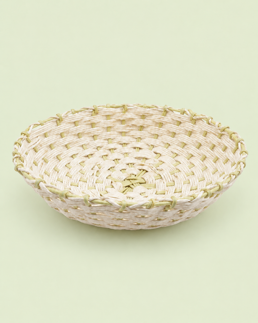 A shallow white and green woven tokra with a natural textured finish, suitable for presenting sweets, dry fruits, flowers, and festive gifting essentials.