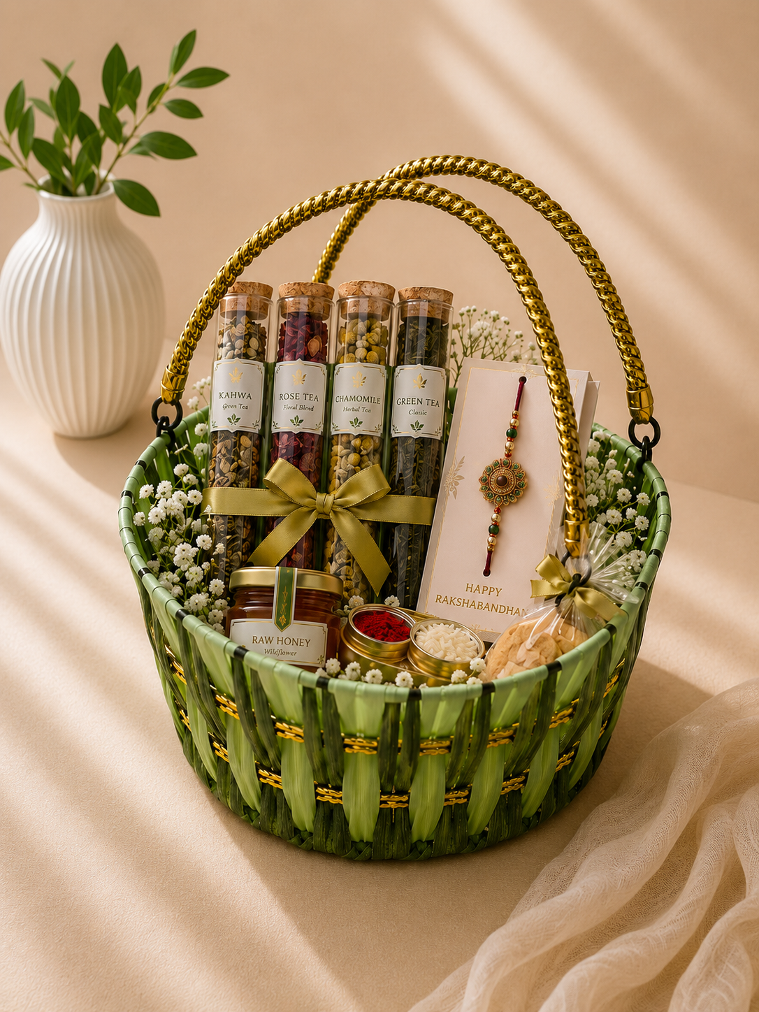 A green woven basket featuring assorted loose leaf tea tubes, raw honey, a Rakhi with greeting card, roli chawal set, dry snacks, and floral styling for Raksha Bandhan gifting.