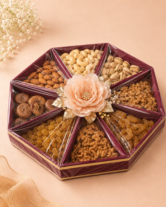 Abundance Tray featuring eight sections of assorted dry fruits in a premium suede octagon tray with a statement floral centre.