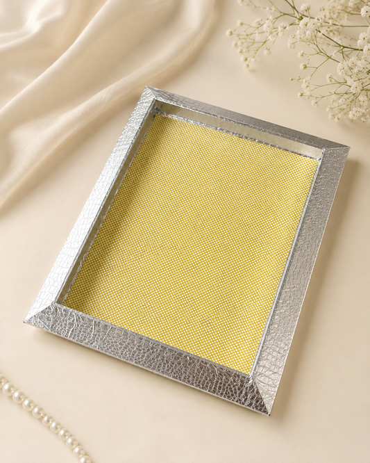 A golden rectangular hamper flat tray with a textured metallic border and bright golden centre, suitable for sweets, dry fruits, jewellery, candles, and festive gift arrangements.