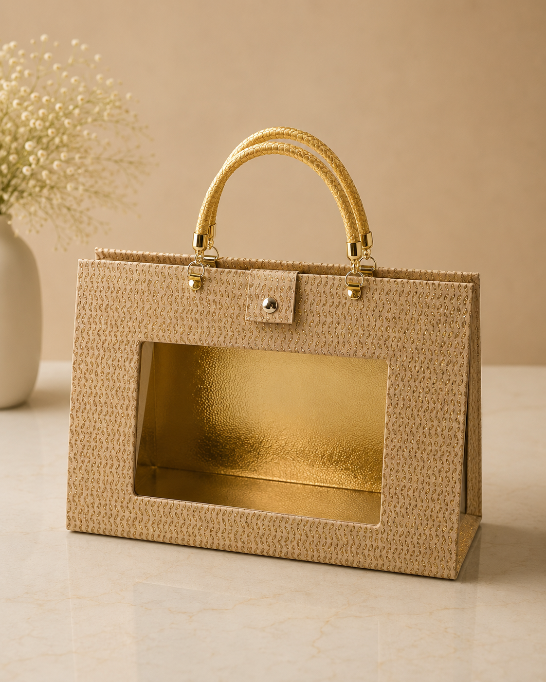 A golden window purse hamper with a textured finish, rounded handles, and transparent front panel, suitable for sweets, dry fruits, chocolates, beauty products, and festive gifting.