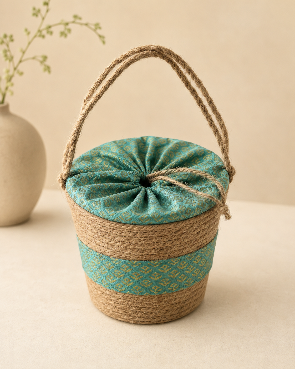 A green sutli bucket hamper with patterned fabric, gathered floral-style lid, and braided handle, suitable for sweets, dry fruits, chocolates, beauty products, and festive gifts.