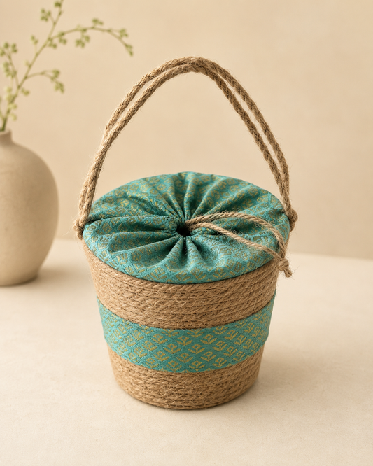 A green sutli bucket hamper with patterned fabric, gathered floral-style lid, and braided handle, suitable for sweets, dry fruits, chocolates, beauty products, and festive gifts.
