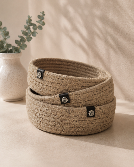 A set of natural woven jute baskets in different sizes with rounded shapes and button-style closures, suitable for gift hampers, home organisation, wellness products, and festive gifting.