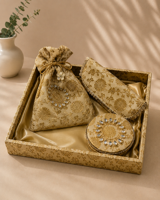 A pista green gota tray platter hamper with ornate golden detailing, designed for presenting wedding accessories, shagun items, jewellery, sweets, and traditional festive gifts.