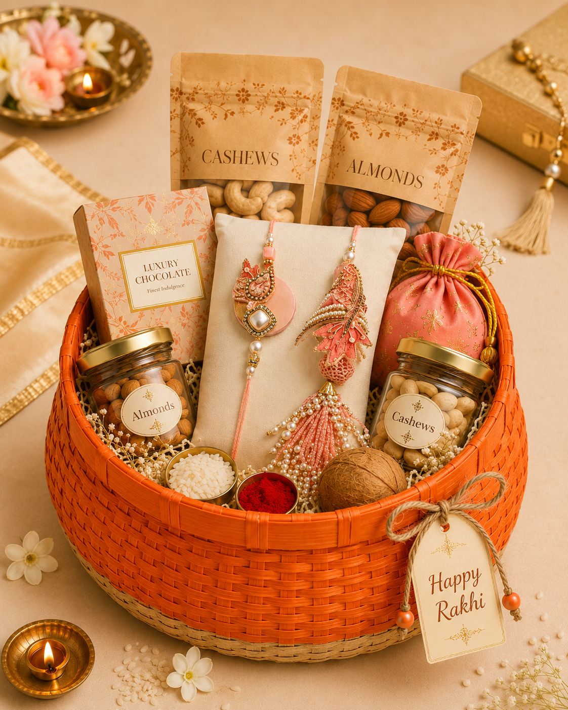 A reusable woven basket featuring Bhaiya Bhabhi Rakhi, kids Rakhis, chocolates, dry fruits, festive potli, roli chawal set, and decorative styling for family Raksha Bandhan gifting.