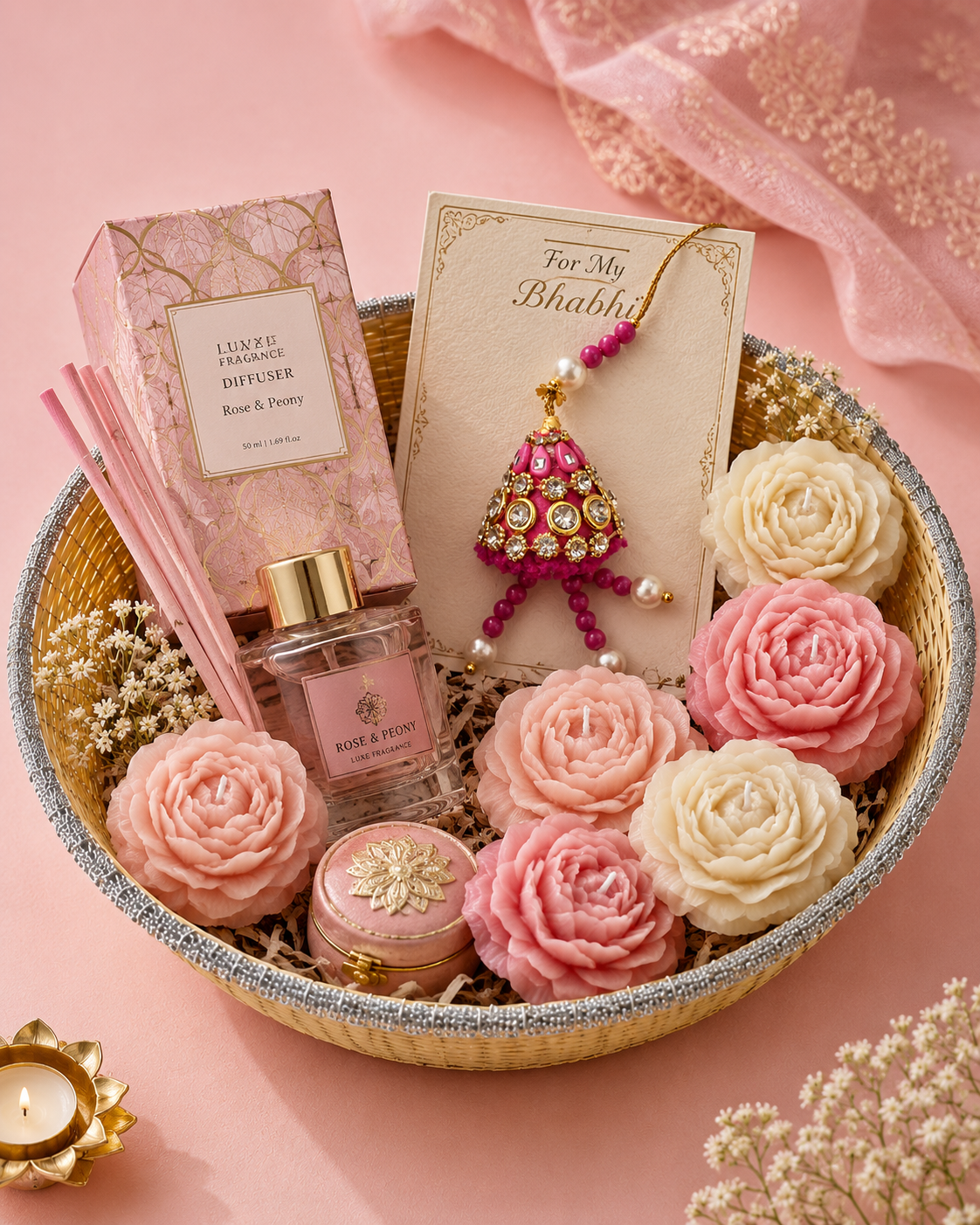 A round woven basket featuring a Bhaiya Bhabhi Rakhi, fragrance diffuser, rose fragrance bottle, floral candles, keepsake box, and elegant floral styling for Raksha Bandhan gifting.