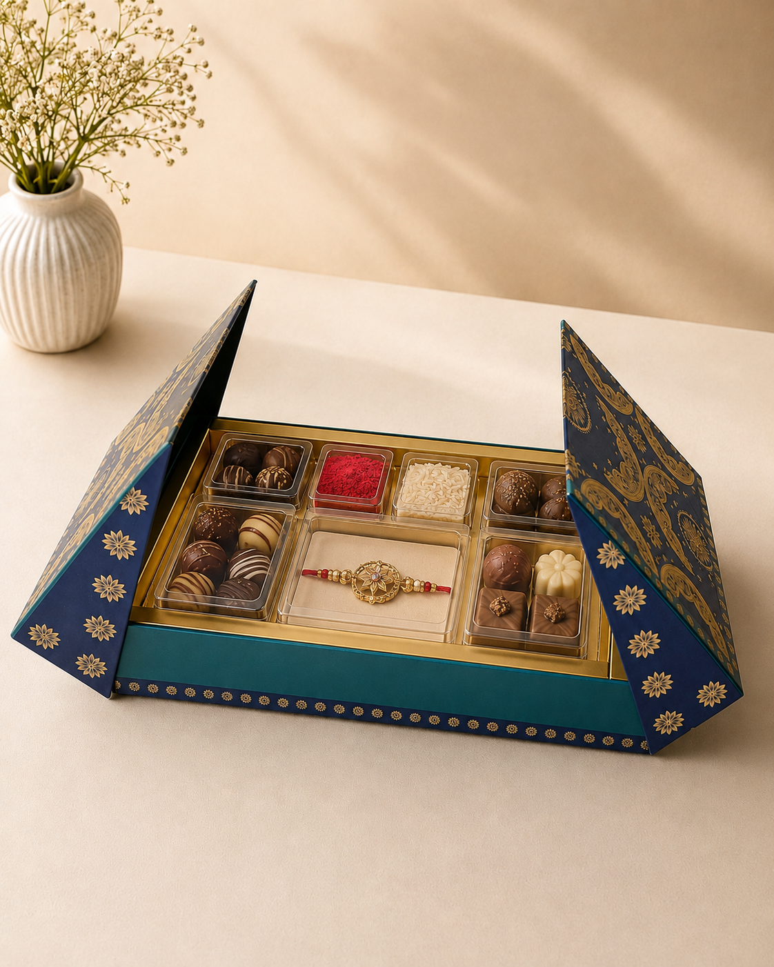 A blue designer Rakhi gift box with assorted chocolates, a designer Rakhi, roli chawal set, and compartmentalized festive packaging for Raksha Bandhan gifting.