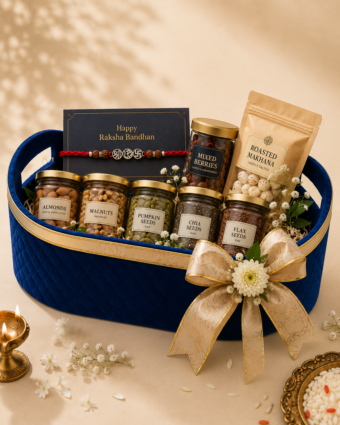 A blue velvet basket featuring a Rakhi with greeting card, almonds, walnuts, pumpkin seeds, chia seeds, flax seeds, mixed berries, roasted makhana, and festive floral styling for Raksha Bandhan gifting.
