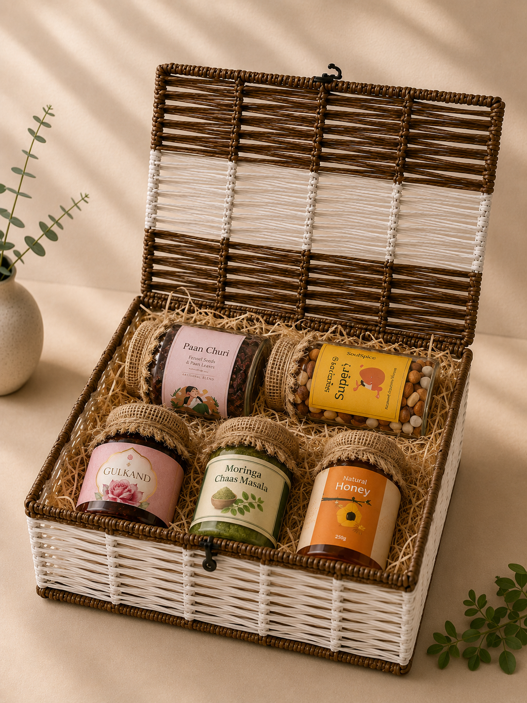 A reusable white and brown trunk basket filled with gulkand, natural honey, moringa chaas masala, paan churi, super nuts, and shredded paper for wellness gifting.