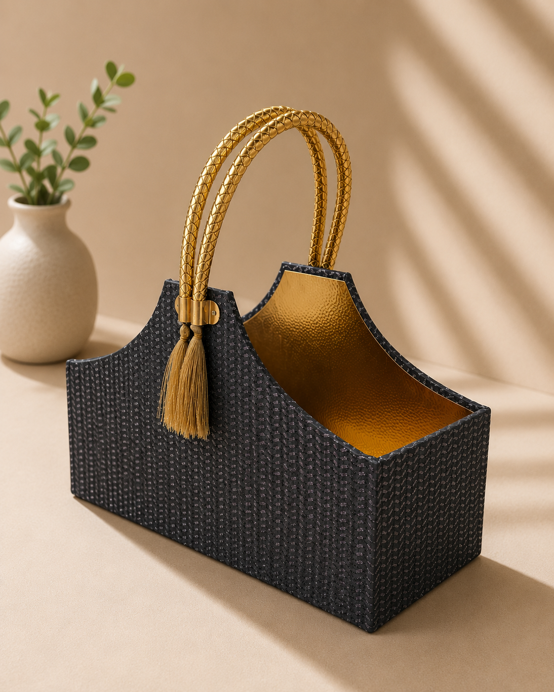 A grey shimmer basket bag with a textured finish, golden rope handles, and spacious open design, suitable for bridal gifts, festive hampers, beauty products, accessories, and curated gifting.