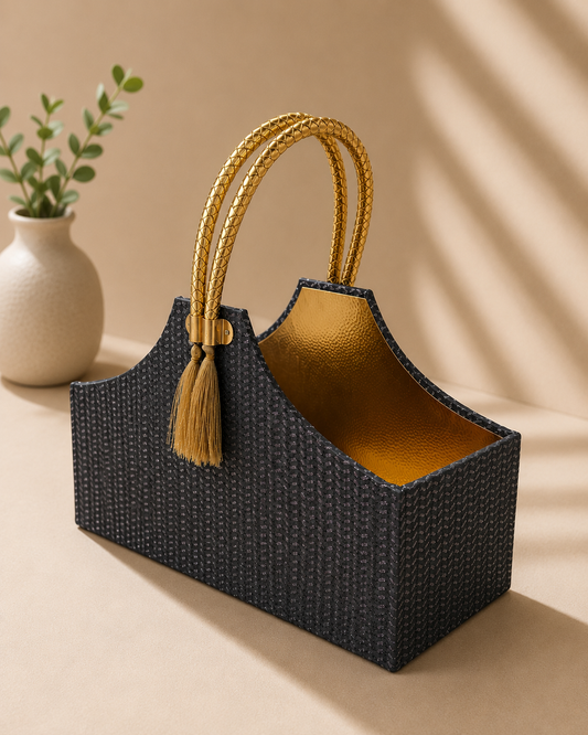 A grey shimmer basket bag with a textured finish, golden rope handles, and spacious open design, suitable for bridal gifts, festive hampers, beauty products, accessories, and curated gifting.