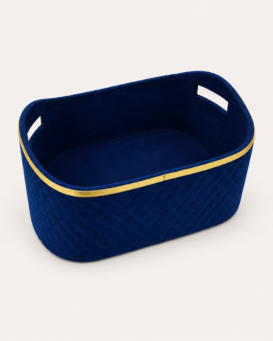 A large blue velvet gift basket with golden trim and a structured open design, suitable for premium hampers, corporate gifts, wedding presents, chocolates, and dry fruits.