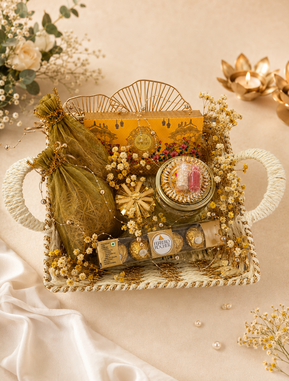 A festive white woven basket Rakhi hamper featuring Ferrero Rocher chocolates, a decorative jar, roli chawal set, festive gift box, potli, and elegant floral styling for Raksha Bandhan gifting.