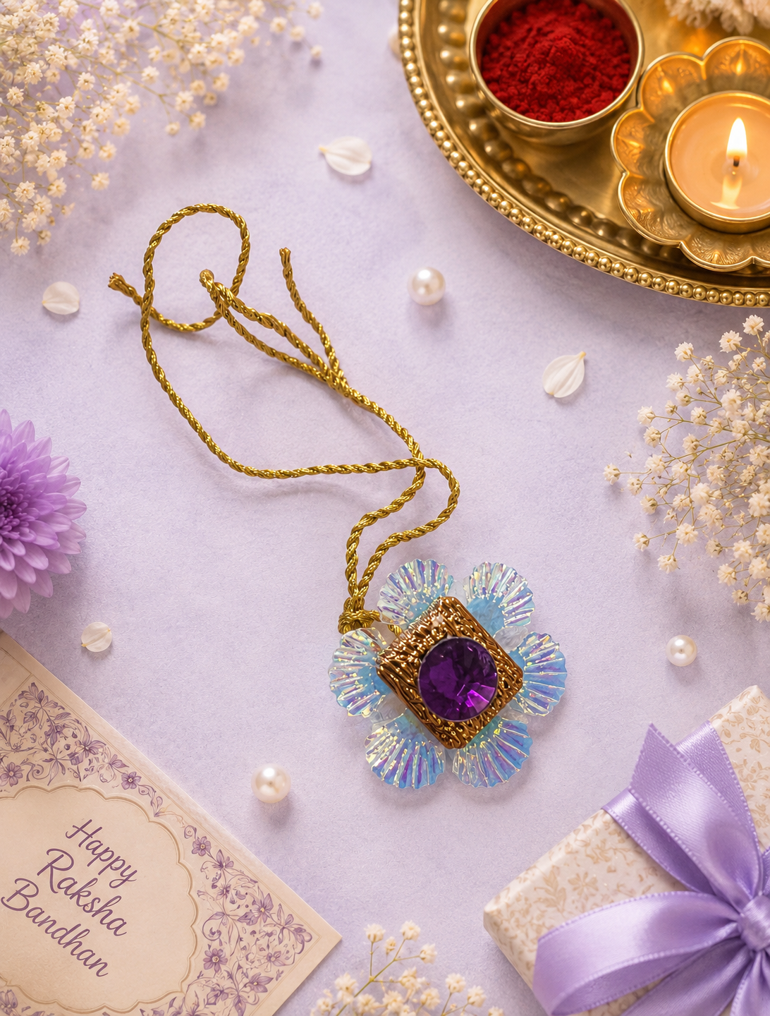 Shiny Designer Purple Stone Flower Rakhi For Bhaiya