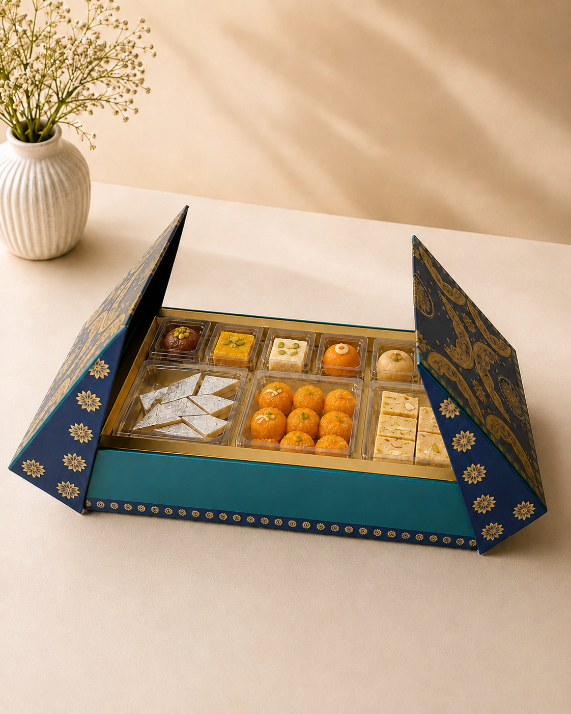 Sweets Keepsake Hamper in a blue and green middle-open cavity box containing kaju katli, motichoor laddoos, assorted milk sweets, barfi, peda, and assorted mithai.