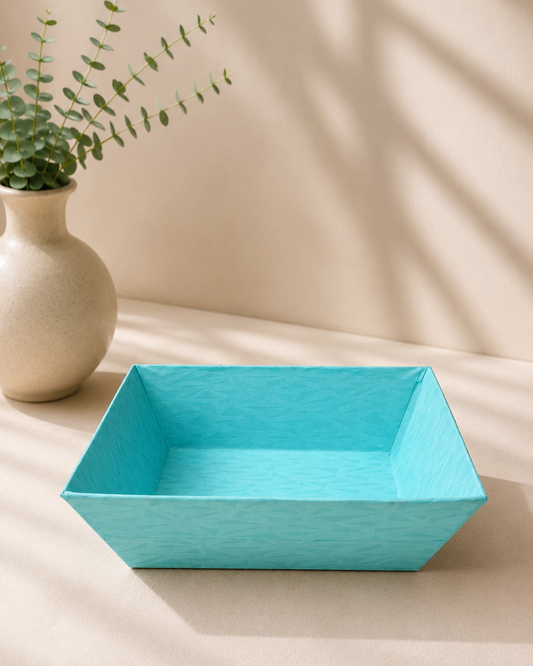 A bright blue open-top cardboard tray with a clean geometric shape, designed for arranging chocolates, sweets, dry fruits, and small gifts in hampers.