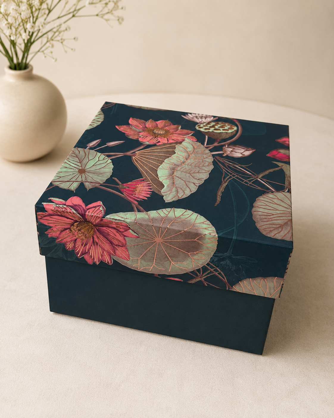 A small dark green 6x6 kappa gift box with a floral printed lid, suitable for jewellery, chocolates, candles, beauty products, and small keepsakes.