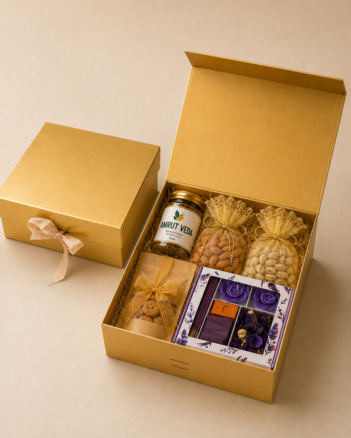 Golden Harmony Hamper arranged in a golden collapsible box with wellness products, almond pot, cashew pot, cookies, fragrance set, filler, and ribbon.