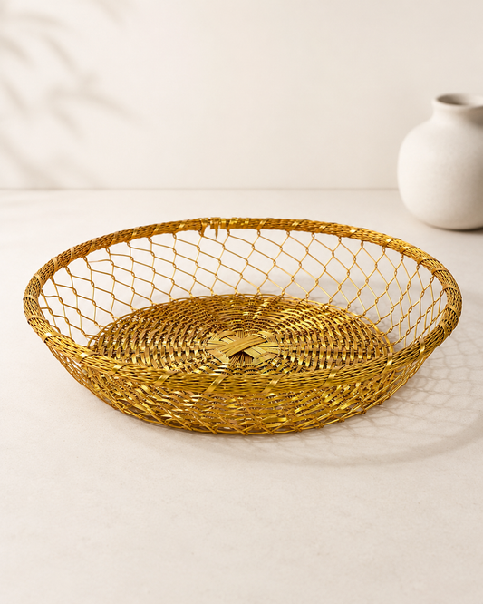 A wide shallow golden wire tokra with an open mesh design, available in small and big sizes, suitable for sweets, dry fruits, chocolates, flowers, and festive gift arrangements.