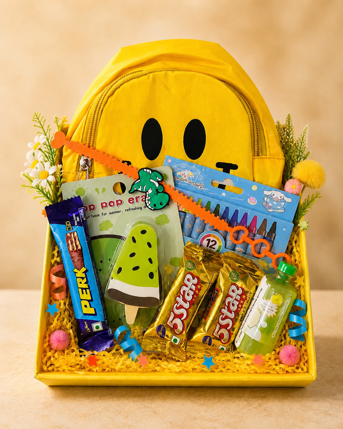 A cheerful yellow smiley backpack Rakhi hamper with a kids Rakhi, crayons, stationery, chocolates, toys, and decorative packaging for festive gifting.