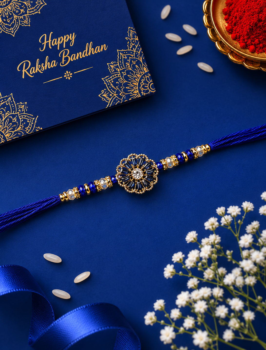 Blue Flower Designer Stone Rakhi