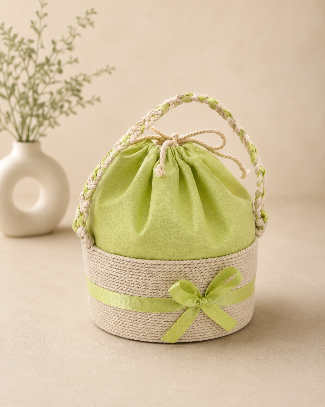 A green sutli covered hamper with a rounded fabric body, matching ribbon bow, and looped handle, suitable for sweets, dry fruits, beauty products, festive treats, and small gifts.