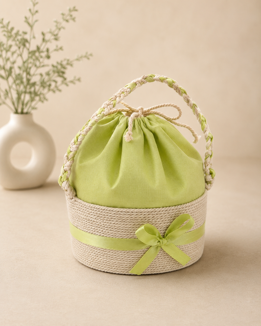 A green sutli covered hamper with a rounded fabric body, matching ribbon bow, and looped handle, suitable for sweets, dry fruits, beauty products, festive treats, and small gifts.