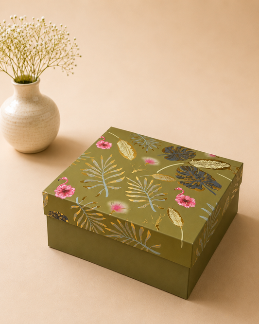 An olive green 10x10 kappa gift box with a botanical floral printed lid and square shape, suitable for chocolates, dry fruits, candles, beauty products, and curated gift hampers.