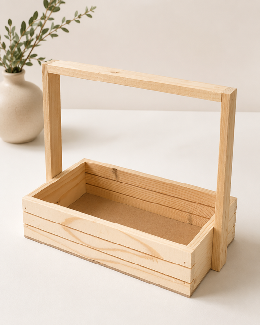 A natural pinewood tray with a large wooden handle, designed for creating gift hampers, floral arrangements, festive displays, and premium gift presentations.