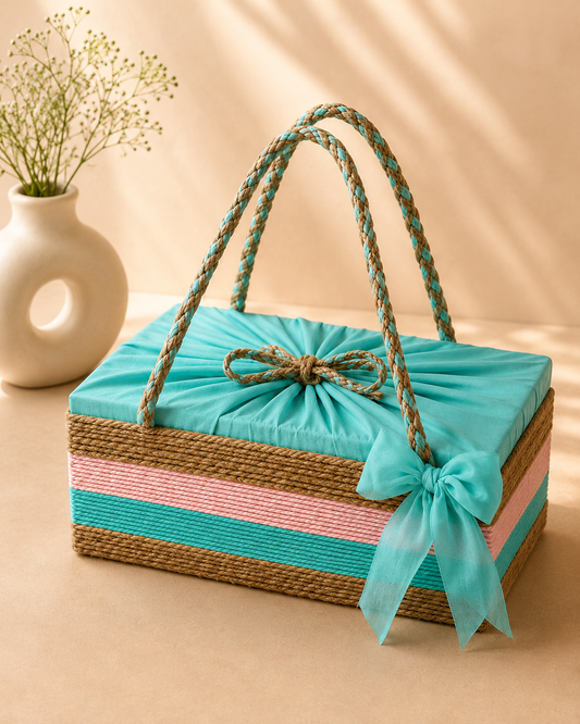 A compact green wedding trunk box with ornate golden detailing and a traditional ethnic finish, suitable for jewellery, shagun items, wedding accessories, sweets, and keepsakes.
