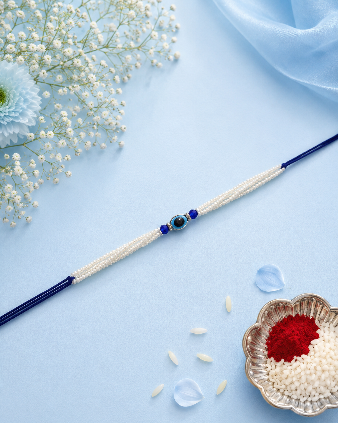 White Pearl Blue Evil Eye Rakhi