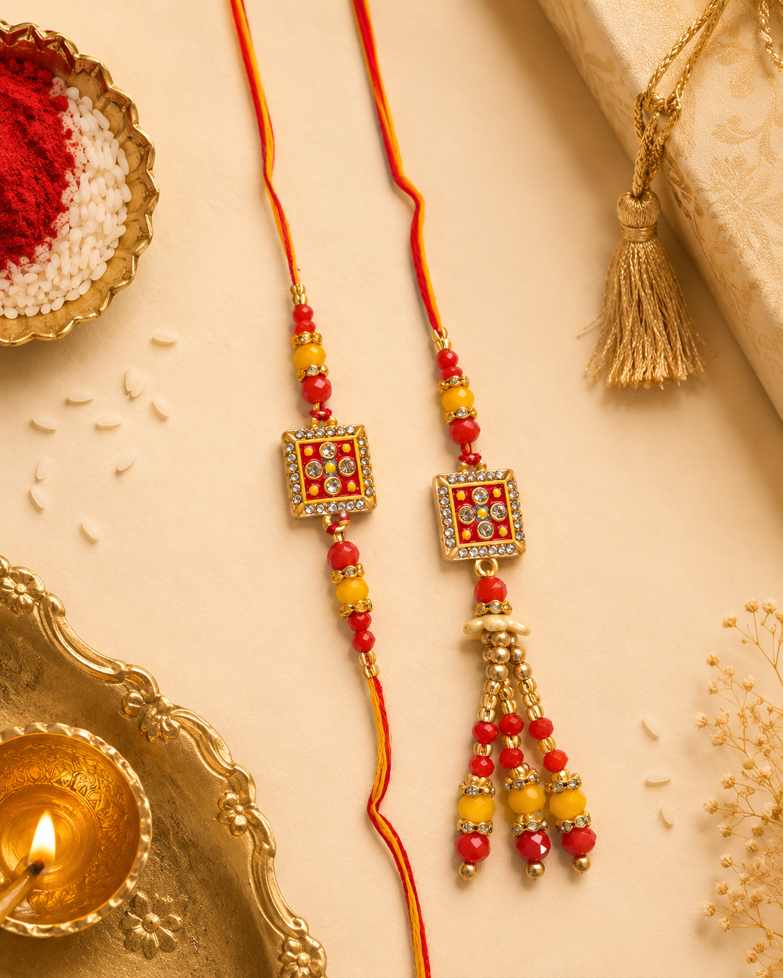 Red and Yellow Stone Meenakari Bhaiya Bhabhi Rakhi
